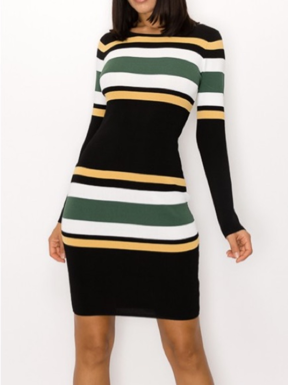 Striped Long-Sleeve Mini Dress - Black, Green, White & Yellow